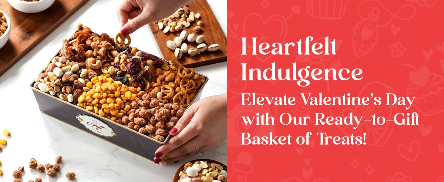 broadway basketeers gourmet delight valentine gift basket with cookies, brownies, snack mix, pretzel