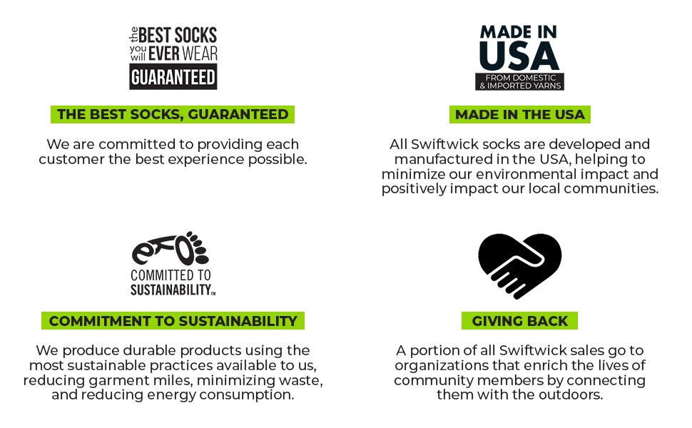 Swiftwick Commitments.  Best Socks you'll ever wear, made in usa, sustainable product, giving back