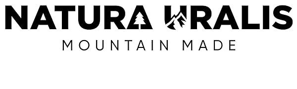 natura uralis logo, mountain made tagline, black lettering on white field