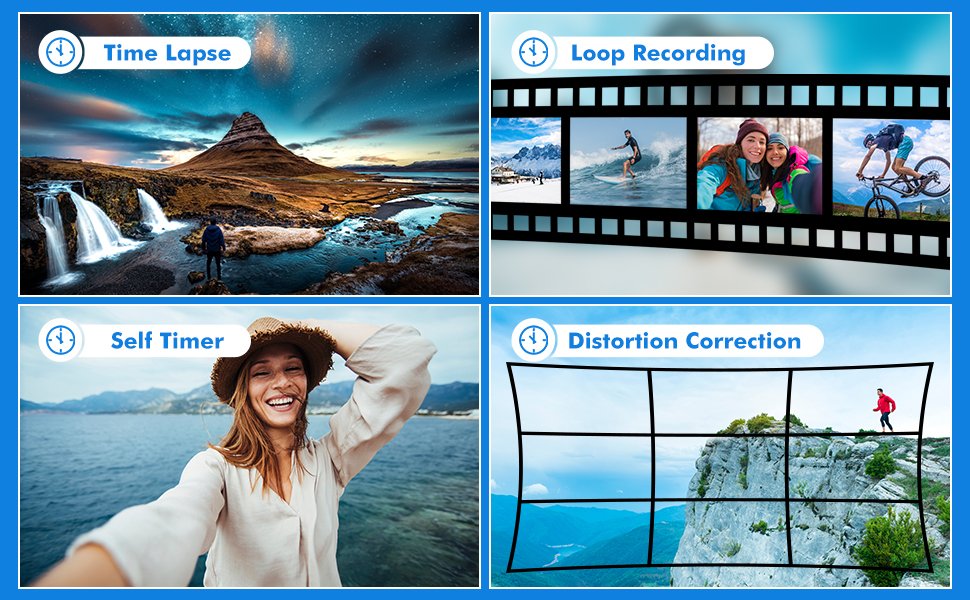 Time Lapse, Loop Recording, Self Timer, Distortion Correction