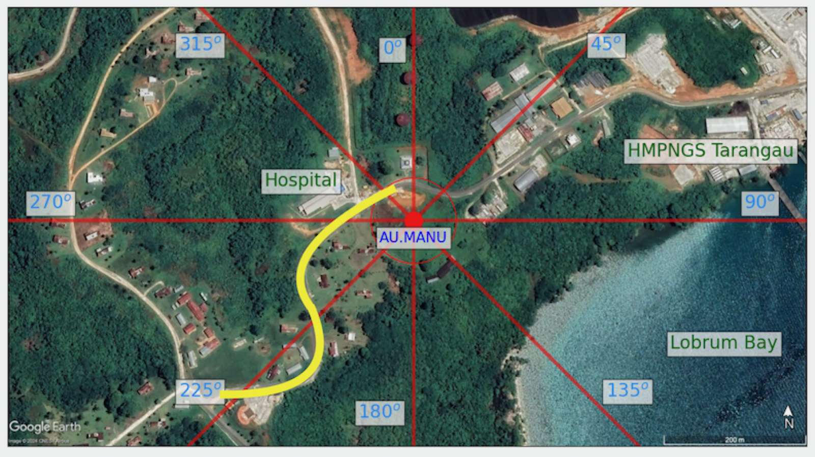 The truck road shown in yellow. The seismometer is at center.